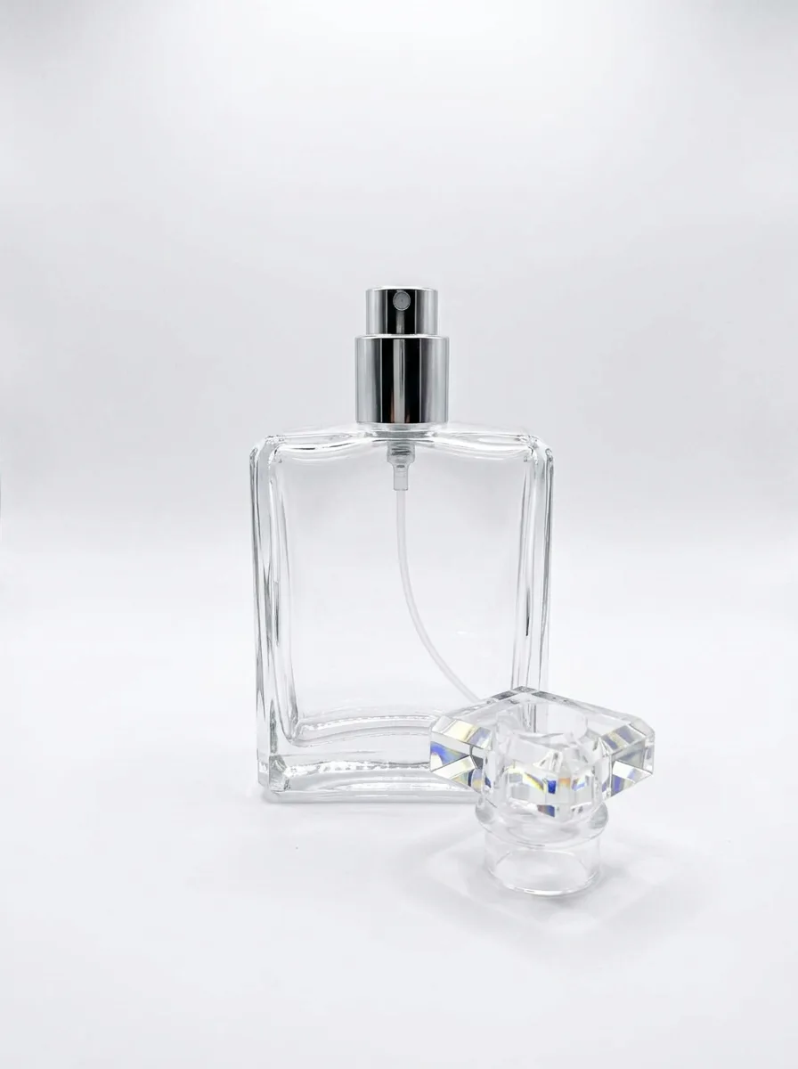 50 ml Kristal Kapaklı Şeffaf Parfüm Şişesi – Gümüş Spreyli