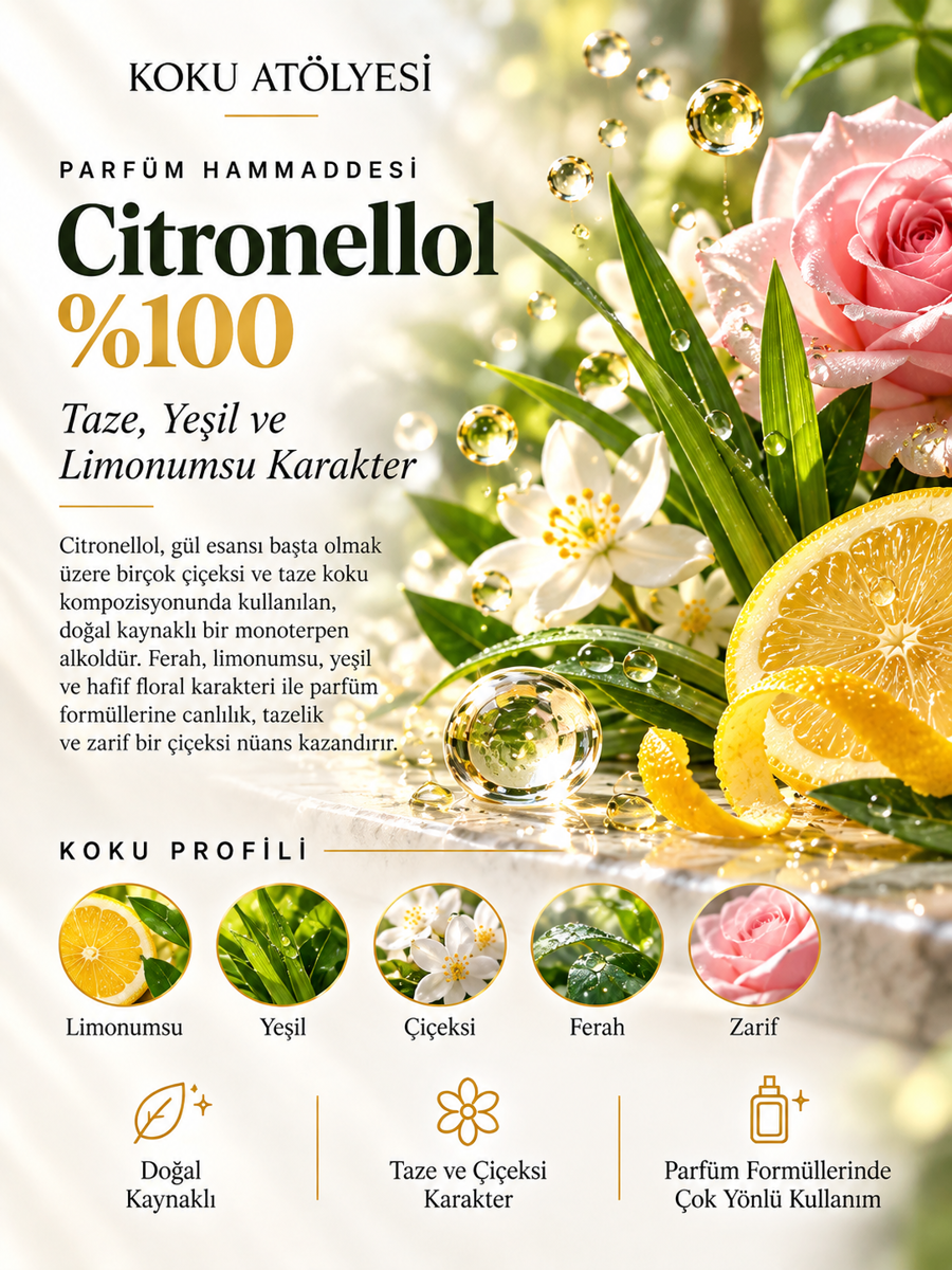 Citronellol %100 – Gül ve Ferah Çiçeksi Notalı Parfüm Hammaddesi